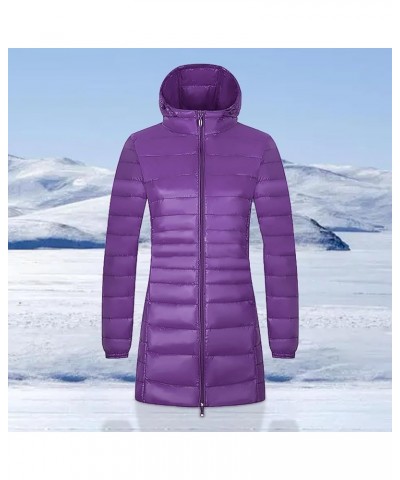 Women's Packable Puffer Jackets Mid Length Plus Size Down Coat Hooded Stand Collar Full Zip Slim Fit Warm Winter Coats Purple...