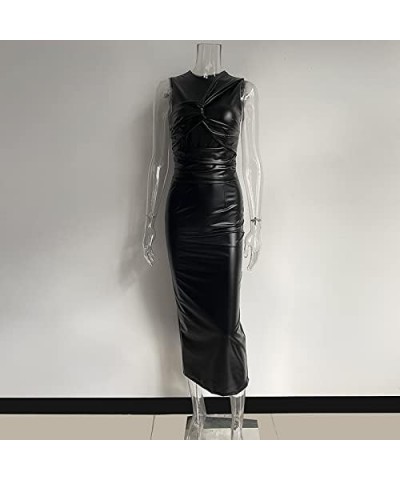 Party Leather Dress for Women Sexy O Neck Sleeveless Bodycon Maxi Long Dresses Outfits Black $17.16 Dresses