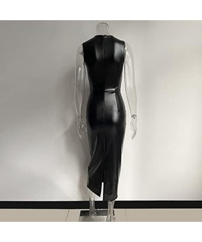 Party Leather Dress for Women Sexy O Neck Sleeveless Bodycon Maxi Long Dresses Outfits Black $17.16 Dresses