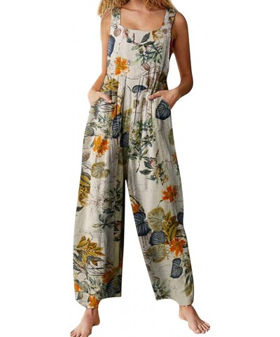 Women Sleeveless Floral Printed Jumpsuit Oversized Wide Leg Print Long Romper Casual Color Block Wide Strap Overalls B Yellow...