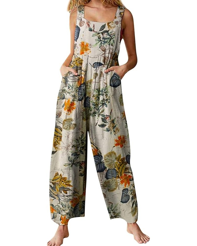 Women Sleeveless Floral Printed Jumpsuit Oversized Wide Leg Print Long Romper Casual Color Block Wide Strap Overalls B Yellow...