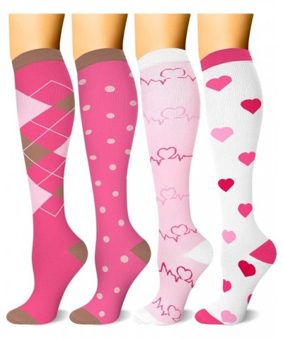 4 Pairs Compression Socks for Women & Men - Best Support for Medical, Circulation, Nurses, Running, Travel Rose-polka-pink-he...