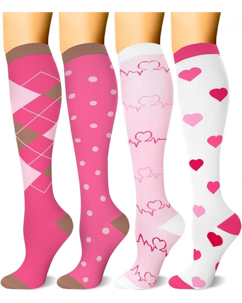 4 Pairs Compression Socks for Women & Men - Best Support for Medical, Circulation, Nurses, Running, Travel Rose-polka-pink-he...