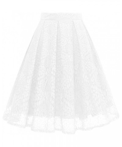 Women High Waist Pleated A-Line Knee Length Lace Pockets Skirt White $15.48 Skirts