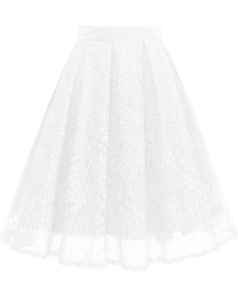 Women High Waist Pleated A-Line Knee Length Lace Pockets Skirt White $15.48 Skirts