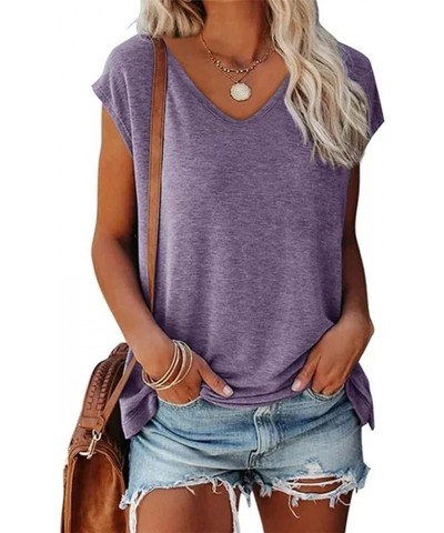 Womens Cap Sleeve Casual Shirts Elastic Slim Shirts Summer Solid Color Casual Tank Tops Purple $11.39 Tops