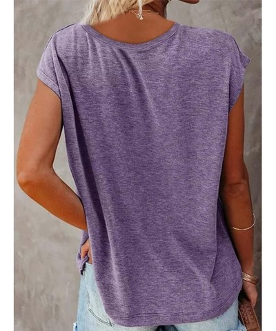 Womens Cap Sleeve Casual Shirts Elastic Slim Shirts Summer Solid Color Casual Tank Tops Purple $11.39 Tops