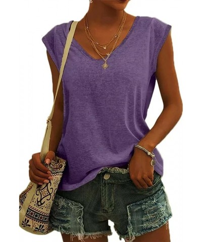 Womens Cap Sleeve Casual Shirts Elastic Slim Shirts Summer Solid Color Casual Tank Tops Purple $11.39 Tops