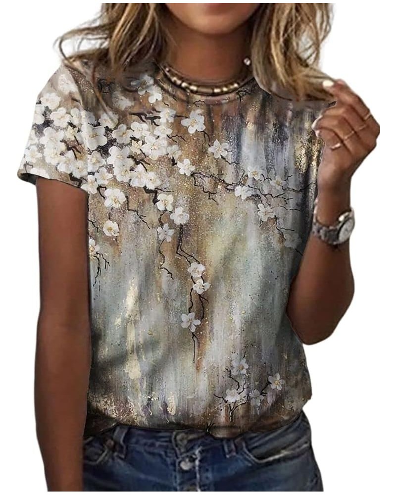 Womens Summer Casual Floral Tops Boho Flower Plant Print T Shirt Short Sleeve Crewneck Landscape Dandelion Tee 18 $14.35 T-Sh...