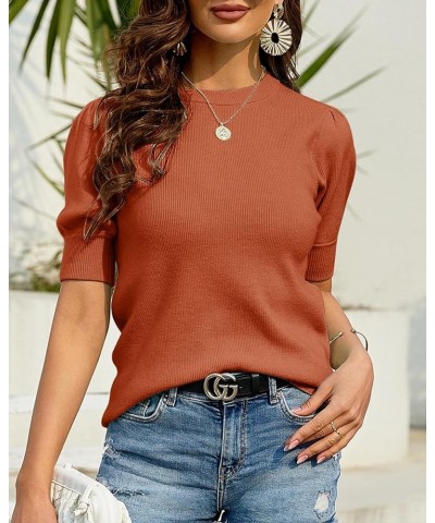 Womens Puff Short Sleeve Sweater Crew Neck Pullover Tops Ribbed Knit Sweater Blouse Brick Red $16.39 Sweaters