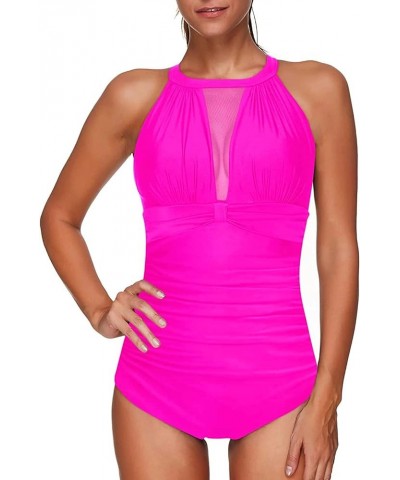 Women One Piece Swimsuit High Neck Tummy Control Bathing Suits Halter Mesh Swim Suit Swimwear Hot Pink $16.80 Swimsuits