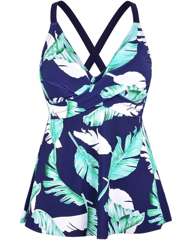 Women's Tankini Tops V Neck Flowy Swim Top Front Cross Push Up Bathing Suit Top Navy Green Leaf $17.39 Swimsuits