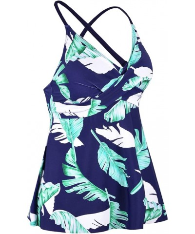 Women's Tankini Tops V Neck Flowy Swim Top Front Cross Push Up Bathing Suit Top Navy Green Leaf $17.39 Swimsuits