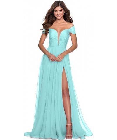 Chiffon Bridesmaid Dresses 2023 Off Shoulder High Slit Pleated A-line Long Ball Gowns for Women Formal Light Blue $43.99 Dresses