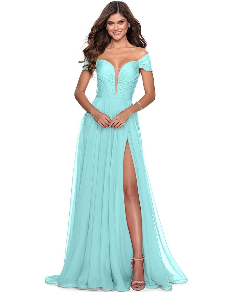 Chiffon Bridesmaid Dresses 2023 Off Shoulder High Slit Pleated A-line Long Ball Gowns for Women Formal Light Blue $43.99 Dresses