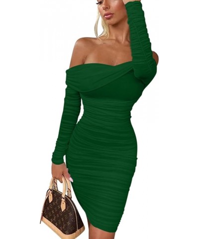 Women's Sexy Elegant Ruffle Long Sleeve Off Shoulder Ruched Party Mini Dress Darkgreen $18.56 Dresses