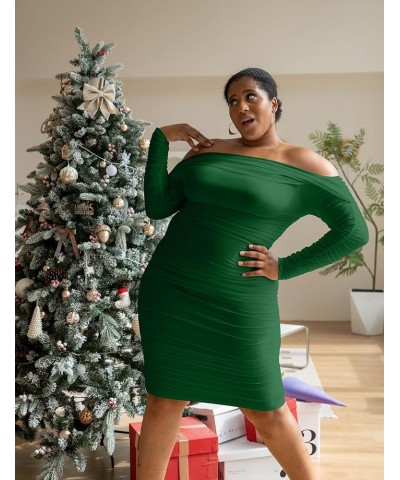 Women's Sexy Elegant Ruffle Long Sleeve Off Shoulder Ruched Party Mini Dress Darkgreen $18.56 Dresses