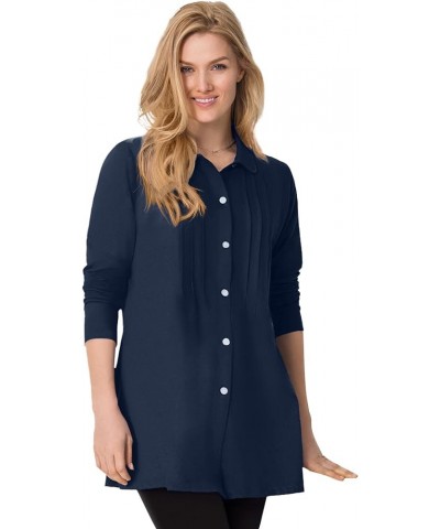 Women's Plus Size Pintucked Button-Front Tunic Navy $23.99 Tops