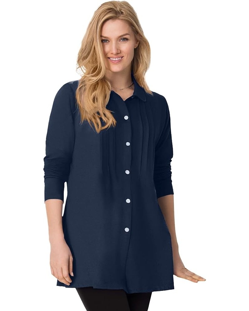 Women's Plus Size Pintucked Button-Front Tunic Navy $23.99 Tops