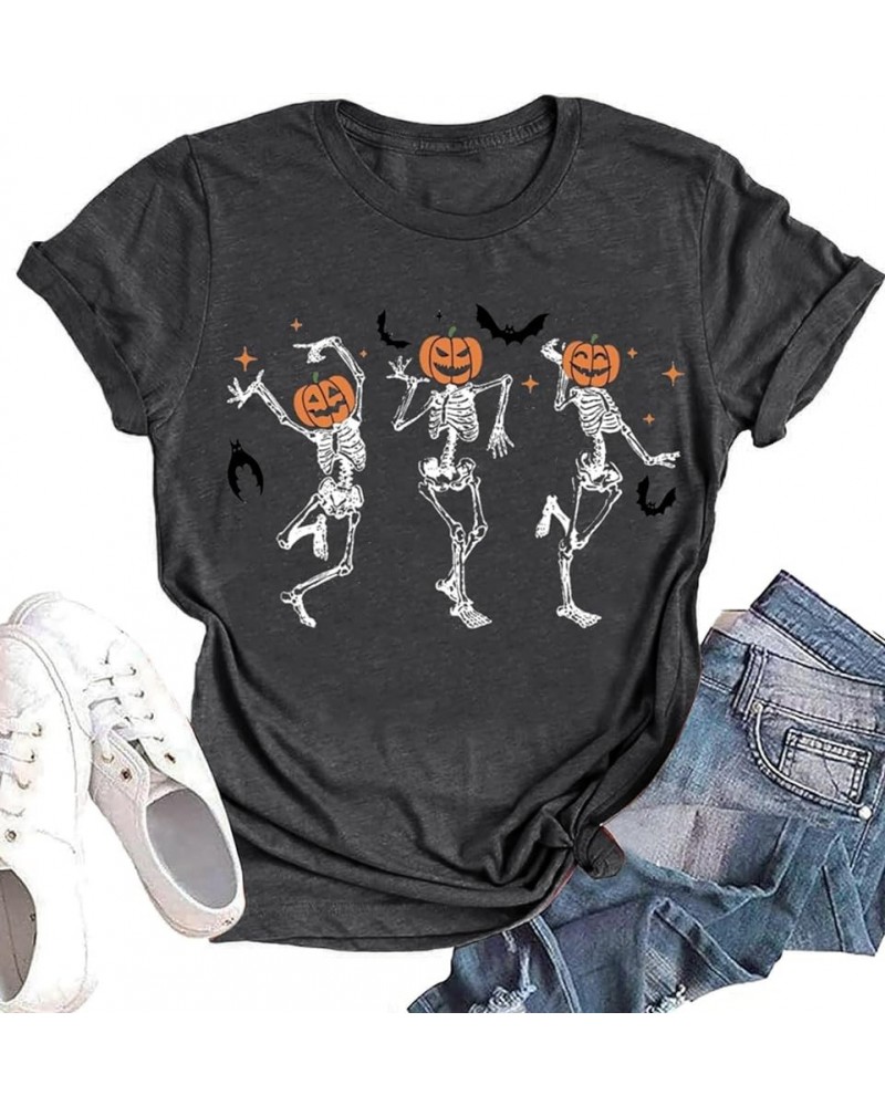 Halloween Pumpkin Graphic Shirt Women Leopard Pumpkin Short Sleeve Cute Fall Tee Tops Thanksgiving Gift T-Shirt Dark Gray4 $1...