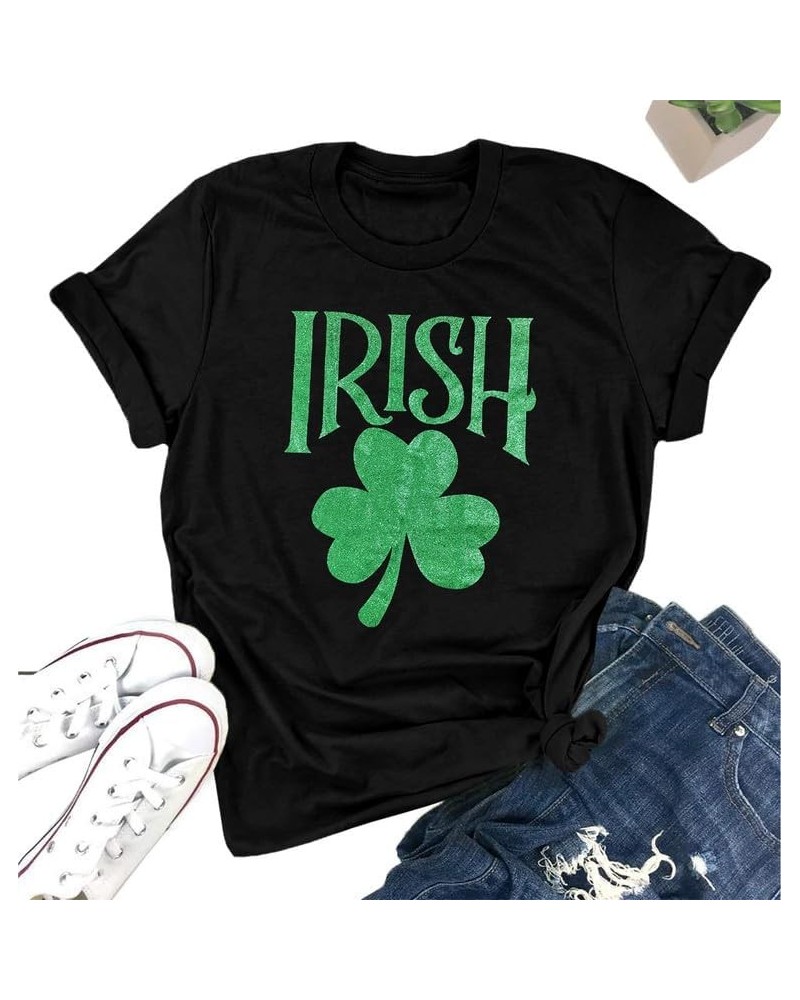 St Patrick's Day Womens Crew Neck Short Sleeve T-Shirt Black Shamrock $13.56 T-Shirts