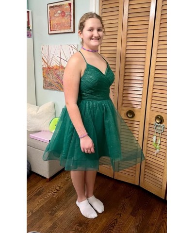 Junior's Short Homecoming Dresses V Neck Glitter Tulle Ball Gown Short Prom Graduation Dress RYZ13-1 Green $30.80 Dresses