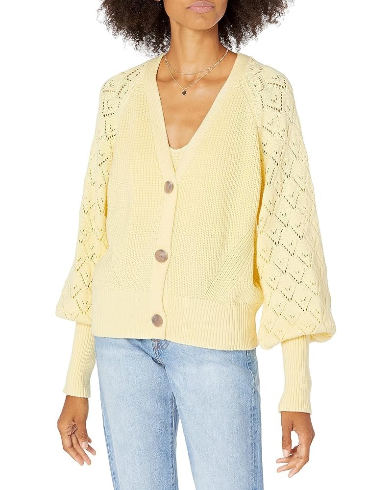 Women's Divya Pointelle Full Sleeve Cardigan Sweater Pastel Yellow $30.74 Sweaters