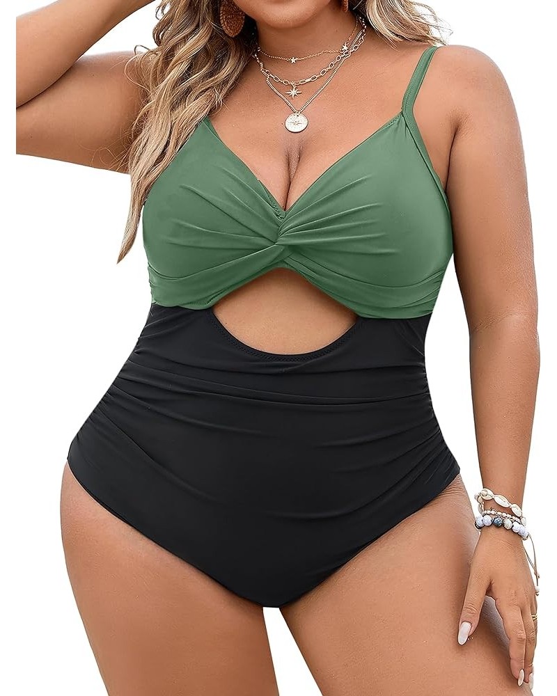 Womens Plus Size Bathing Suit Tummy Control One Piece Swimsuit Twist Front Ruched Swimwear Color Block Green and Black $15.54...