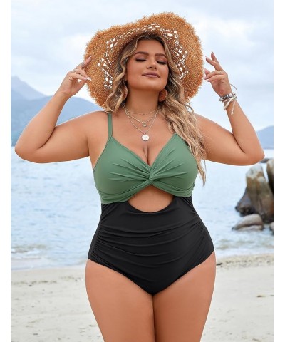 Womens Plus Size Bathing Suit Tummy Control One Piece Swimsuit Twist Front Ruched Swimwear Color Block Green and Black $15.54...