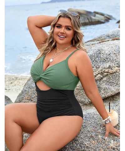 Womens Plus Size Bathing Suit Tummy Control One Piece Swimsuit Twist Front Ruched Swimwear Color Block Green and Black $15.54...