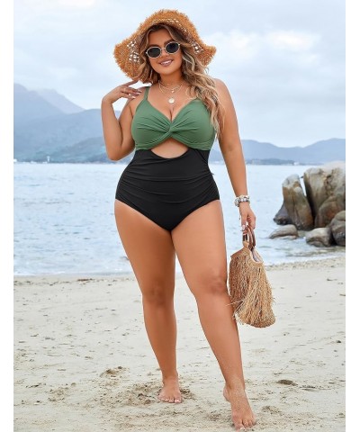 Womens Plus Size Bathing Suit Tummy Control One Piece Swimsuit Twist Front Ruched Swimwear Color Block Green and Black $15.54...