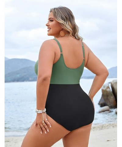 Womens Plus Size Bathing Suit Tummy Control One Piece Swimsuit Twist Front Ruched Swimwear Color Block Green and Black $15.54...