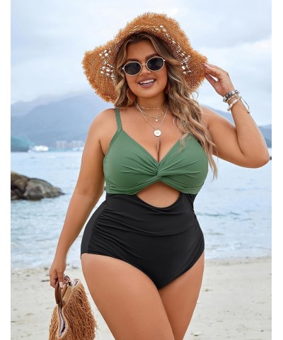 Womens Plus Size Bathing Suit Tummy Control One Piece Swimsuit Twist Front Ruched Swimwear Color Block Green and Black $15.54...