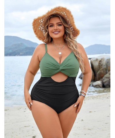 Womens Plus Size Bathing Suit Tummy Control One Piece Swimsuit Twist Front Ruched Swimwear Color Block Green and Black $15.54...