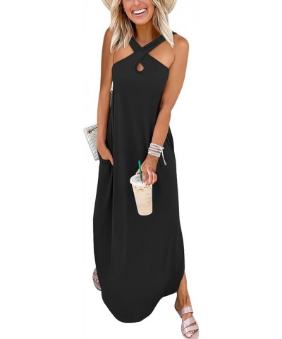 Women’s Casual Summer Maxi Dress Criss Cross Slit Side Sleeveless Loose Beach Long Sundress with Pockets Black $16.77 Dresses