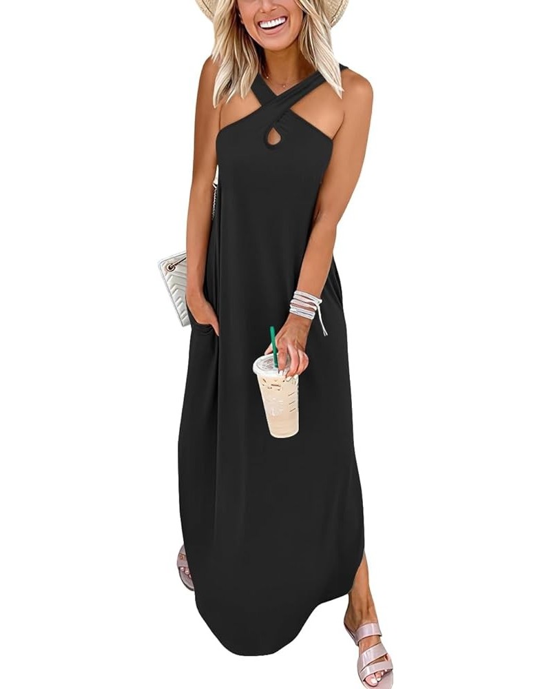 Women’s Casual Summer Maxi Dress Criss Cross Slit Side Sleeveless Loose Beach Long Sundress with Pockets Black $16.77 Dresses