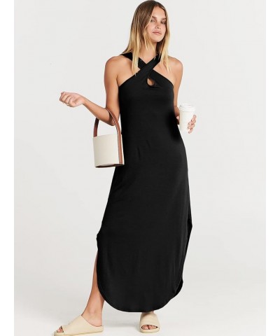 Women’s Casual Summer Maxi Dress Criss Cross Slit Side Sleeveless Loose Beach Long Sundress with Pockets Black $16.77 Dresses