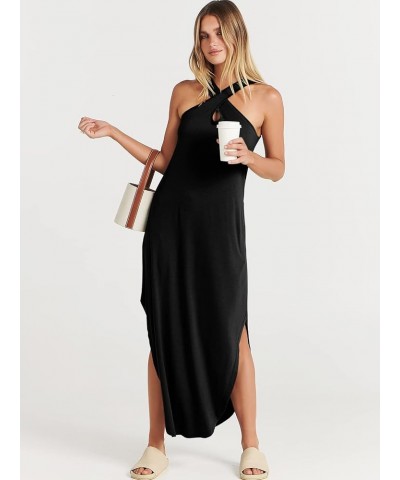 Women’s Casual Summer Maxi Dress Criss Cross Slit Side Sleeveless Loose Beach Long Sundress with Pockets Black $16.77 Dresses