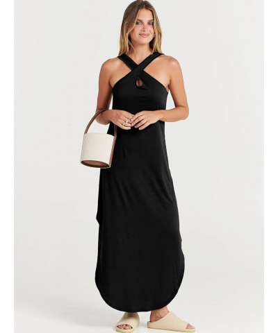 Women’s Casual Summer Maxi Dress Criss Cross Slit Side Sleeveless Loose Beach Long Sundress with Pockets Black $16.77 Dresses