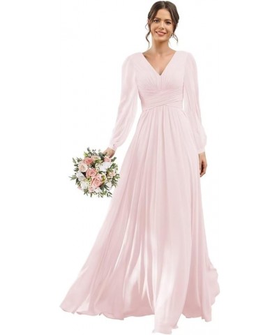 V-Neck Long Sleeves Bridesmaid Dresses Long with Slit Pleated Chiffon A-line Formal Party Dresses with Pockets YO090 Pink $30...