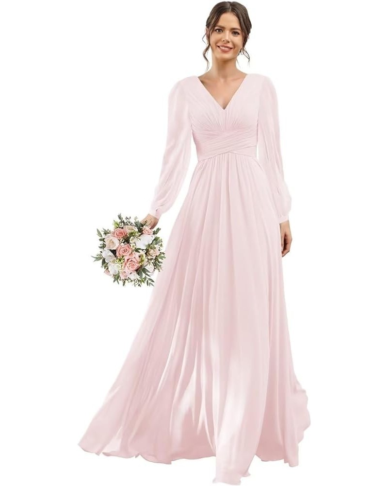 V-Neck Long Sleeves Bridesmaid Dresses Long with Slit Pleated Chiffon A-line Formal Party Dresses with Pockets YO090 Pink $30...