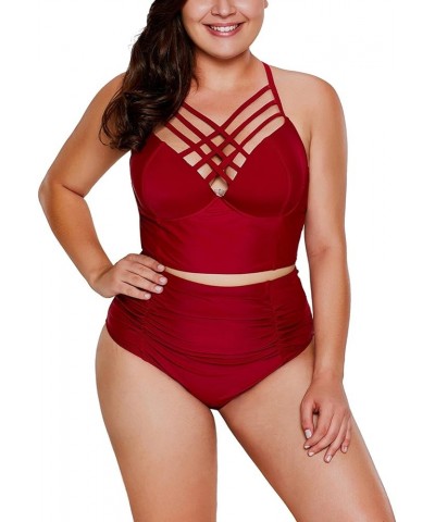 Women's 2 Piece Plus Size Swimwear High Waisted Tummy Control Swimsuit Bathing Suit Red $13.02 Swimsuits