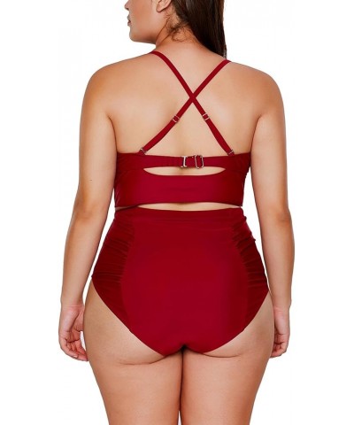 Women's 2 Piece Plus Size Swimwear High Waisted Tummy Control Swimsuit Bathing Suit Red $13.02 Swimsuits