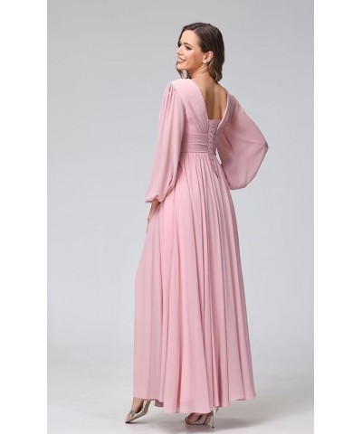 V-Neck Long Sleeves Bridesmaid Dresses Long with Slit Pleated Chiffon A-line Formal Party Dresses with Pockets YO090 Pink $30...