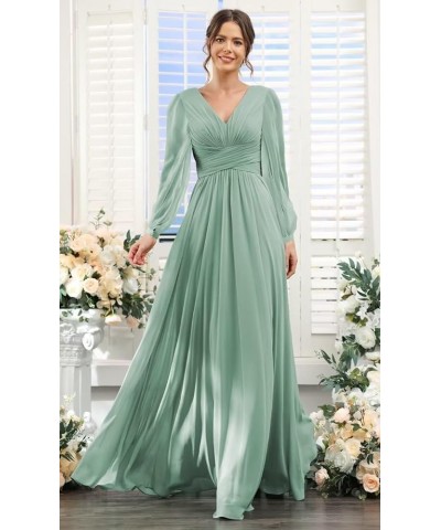 V-Neck Long Sleeves Bridesmaid Dresses Long with Slit Pleated Chiffon A-line Formal Party Dresses with Pockets YO090 Pink $30...