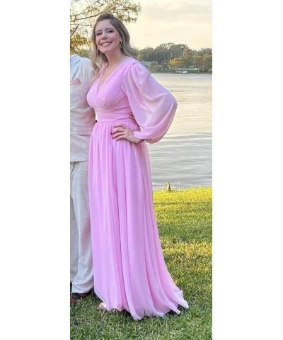 V-Neck Long Sleeves Bridesmaid Dresses Long with Slit Pleated Chiffon A-line Formal Party Dresses with Pockets YO090 Pink $30...