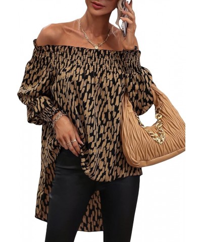 Women's Leopard Print Off Shoulder Long Sleeve High Low Blouses Tops Brown $20.51 Blouses