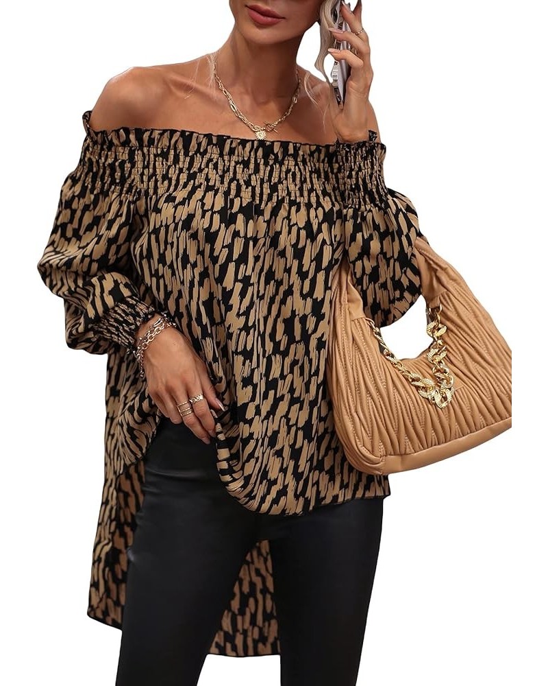 Women's Leopard Print Off Shoulder Long Sleeve High Low Blouses Tops Brown $20.51 Blouses