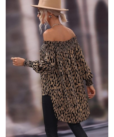 Women's Leopard Print Off Shoulder Long Sleeve High Low Blouses Tops Brown $20.51 Blouses