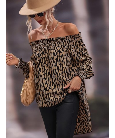 Women's Leopard Print Off Shoulder Long Sleeve High Low Blouses Tops Brown $20.51 Blouses